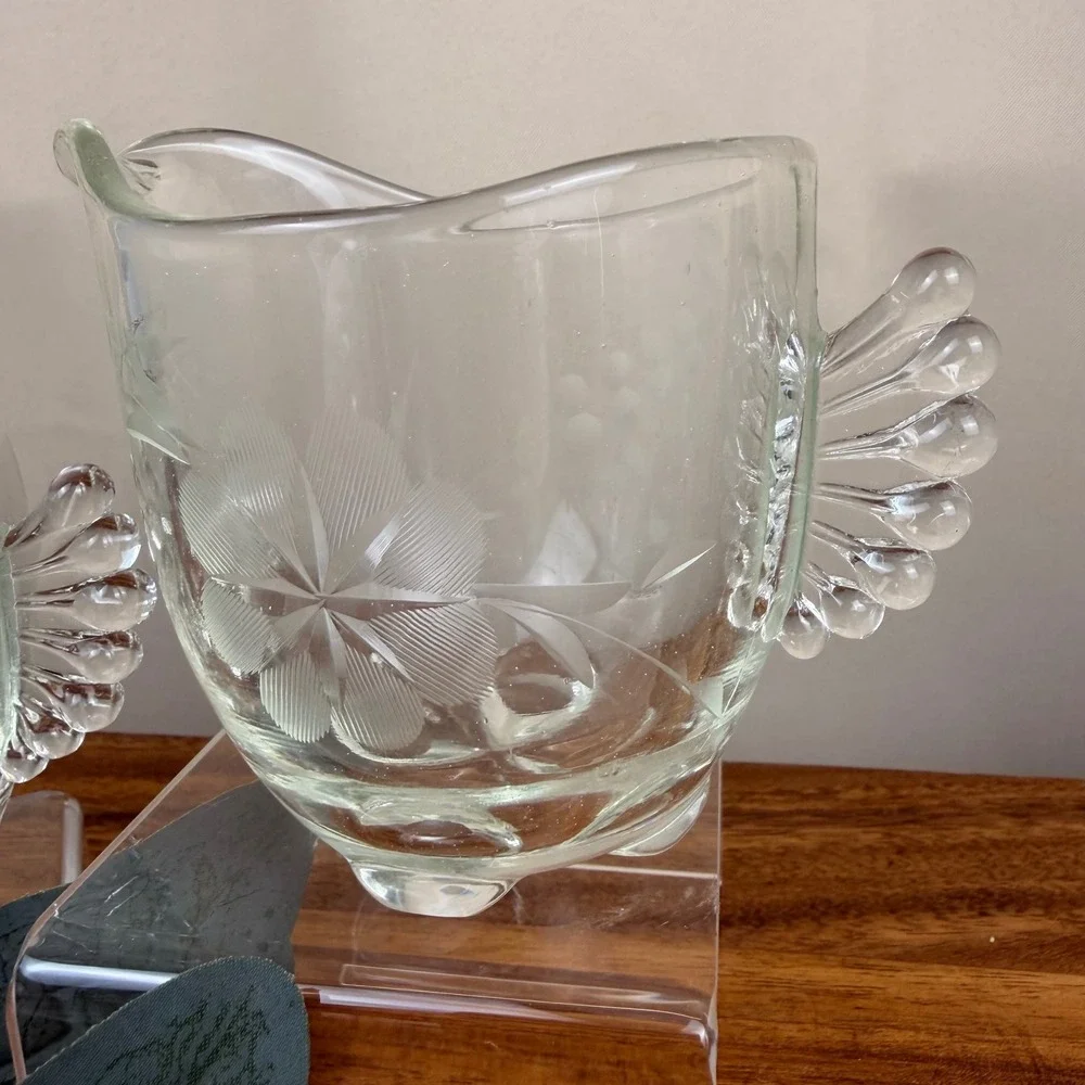 Paden City Gazebo Glass Creamer and Sugar Set Vintage Etched Floral Wing Handles